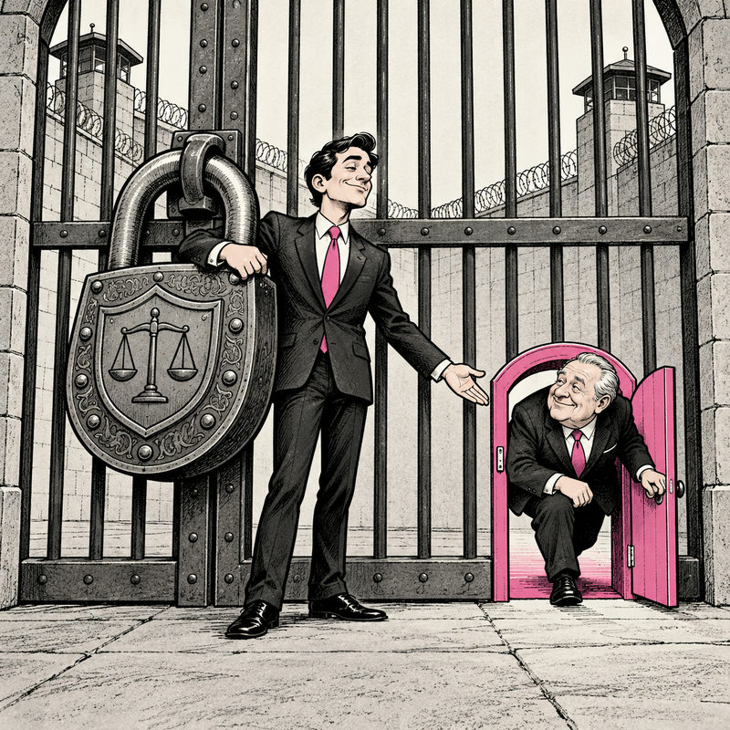 Democrawonk — A tough-on-crime politician opens a small family entrance beside an imposing prison gate.
