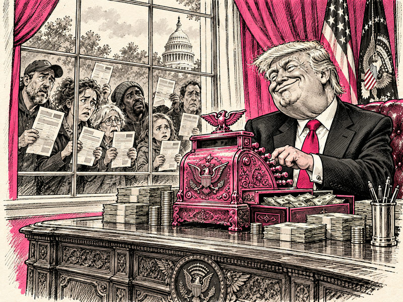 Trump operates a pink cash register at a presidential desk while worried citizens hold bills outside the window.