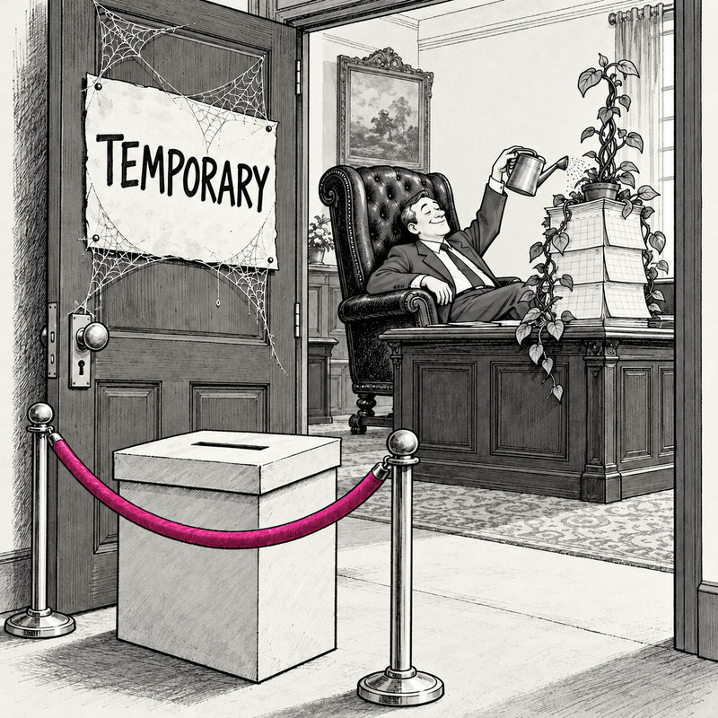 Democrawonk — A cobwebbed TEMPORARY sign hangs outside an office where an official waters a plant on stacked calendars while a ballot box waits behind a pink rope.