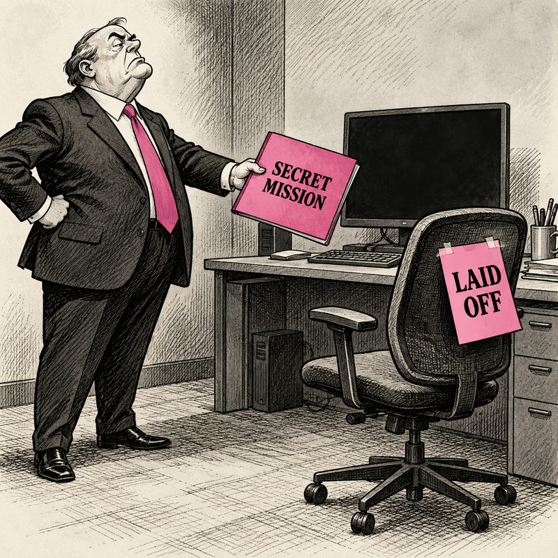 Democrawonk — A suited official offers a Secret Mission folder to an empty desk chair bearing a pink Laid Off notice.