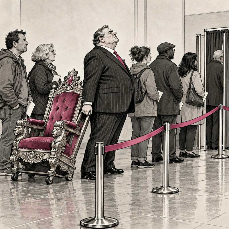 Democrawonk — A suited leader drags an oversized throne while waiting his turn in a voting queue.