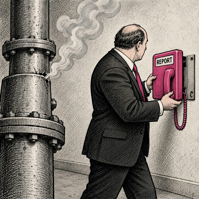 Democrawonk — A suited official removes a pink Report telephone while a nearby pipe leaks symbolic gray vapor.
