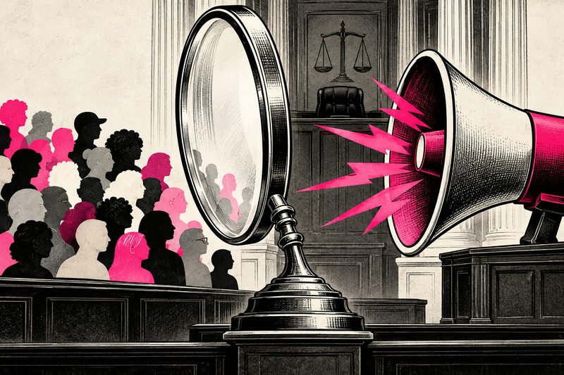 A courtroom magnifying glass separates diverse human silhouettes from an oversized political megaphone.