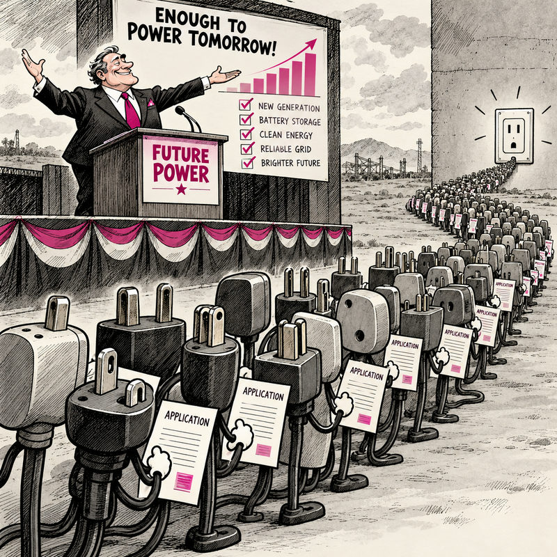 An executive celebrates future power while a long queue of unplugged cartoon plugs holds application forms beside an empty socket.