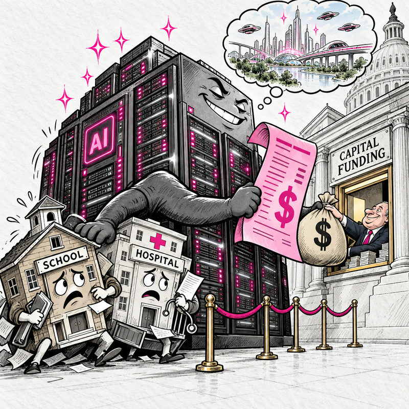 Editorial cartoon of a giant AI data center crowding a school and hospital out of a funding queue, with an oversized pink bill.