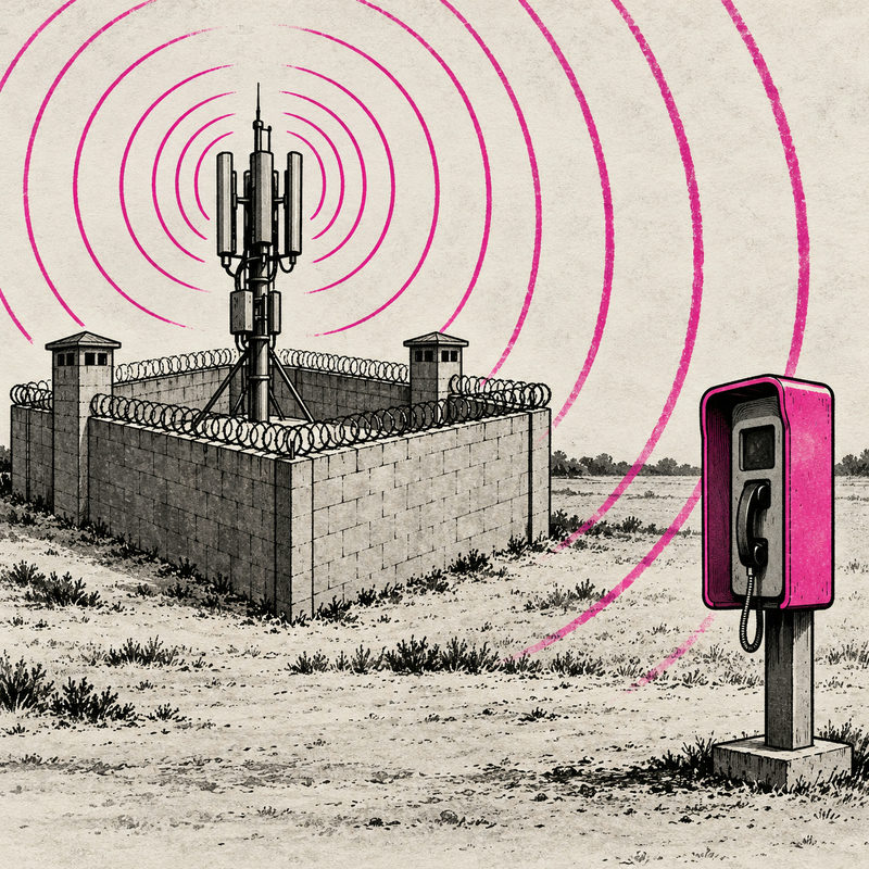 Democrawonk — Pink radio waves spread from an antenna inside prison walls toward a telephone outside.