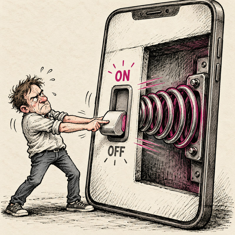 A frustrated man pushes a giant phone's OFF switch against an oversized exposed spring, in a black-ink and pink editorial cartoon.