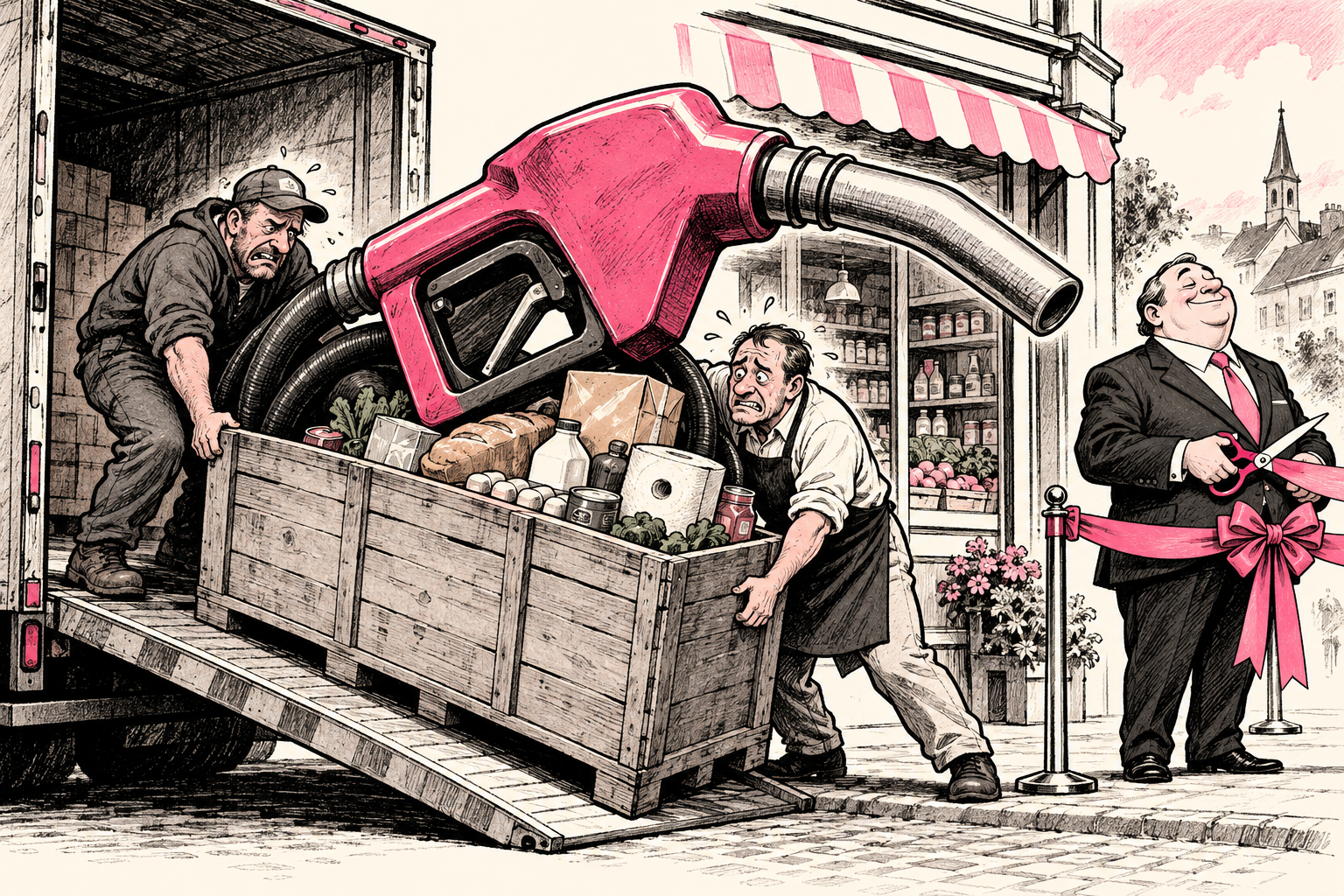 A shopkeeper and driver struggle with an oversized gasoline nozzle weighing down a delivery crate while a politician cuts a ribbon.