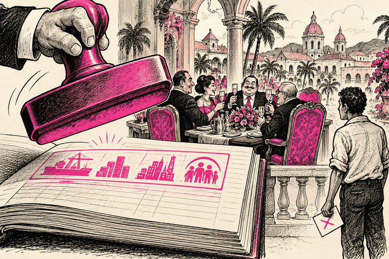 A satirical illustration of a diplomatic ledger and a public receipt.