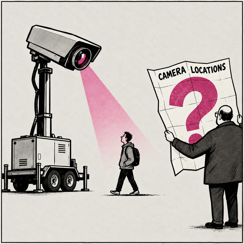 Democrawonk — A large mobile camera watches a passerby while another person holds a CAMERA LOCATIONS map containing only a pink question mark.