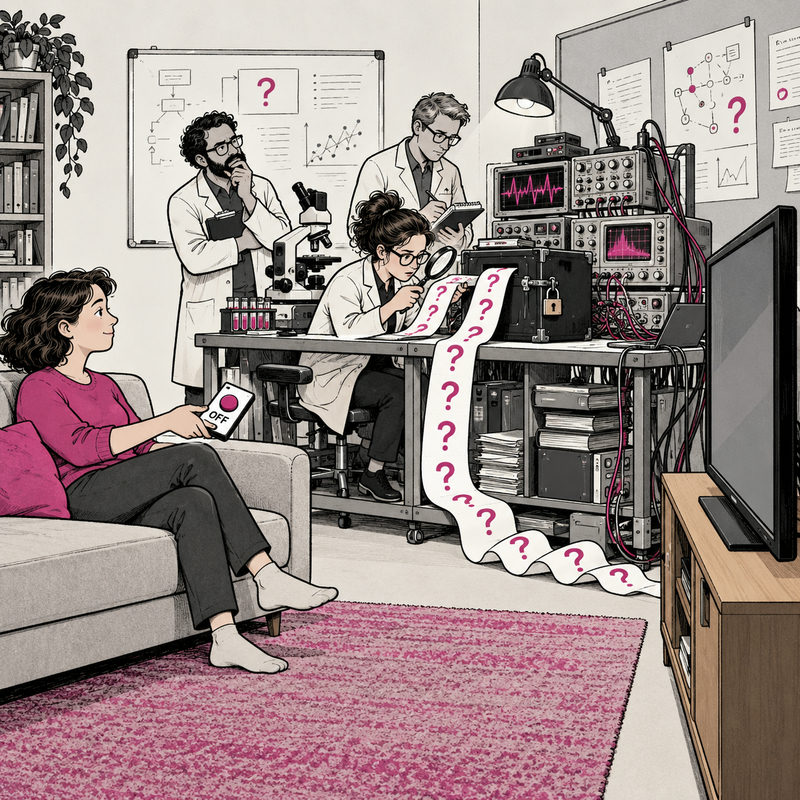 Democrawonk — A viewer holds an OFF remote while three researchers study a locked box and a stream of question marks between the sofa and television.