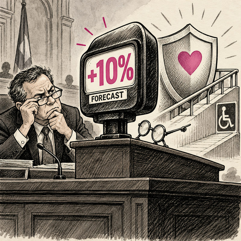 A skeptical council member examines a +10% FORECAST meter beside an insurance shield and accessible ramp.