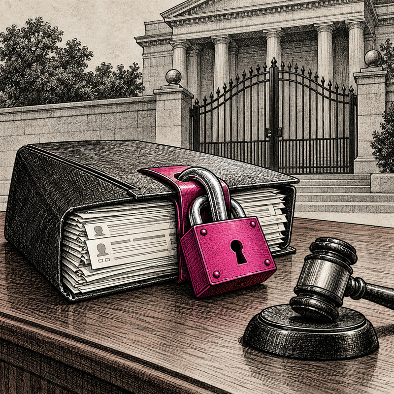 Democrawonk — A thick folder of registration-style records is fastened with a pink padlock beside a resting gavel, with closed courthouse gates behind.