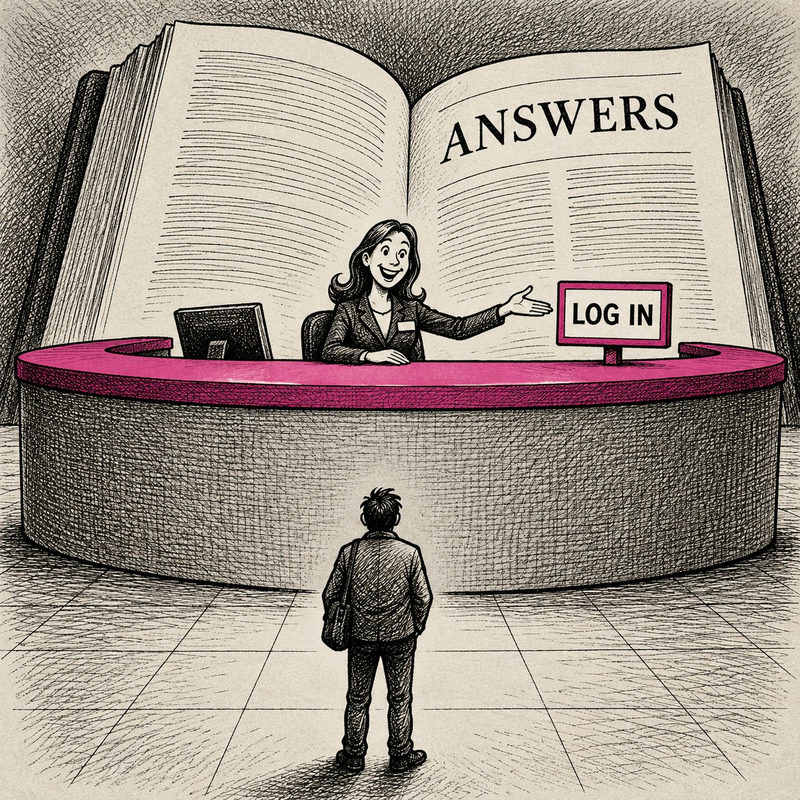 Democrawonk — A reader faces an enormous login reception desk blocking access to an open book of answers.