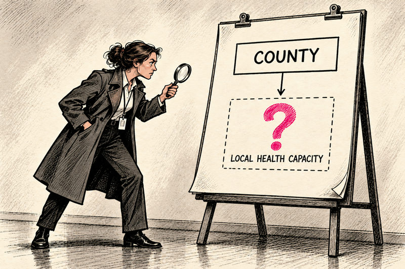 A fictional detective studies an easel chart: a COUNTY box points to a dashed LOCAL HEALTH CAPACITY box containing a magenta question mark.