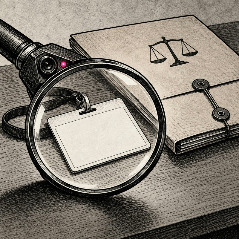 Democrawonk — A camera and magnifying glass inspect a blank identity badge beside a folder marked with balanced scales.