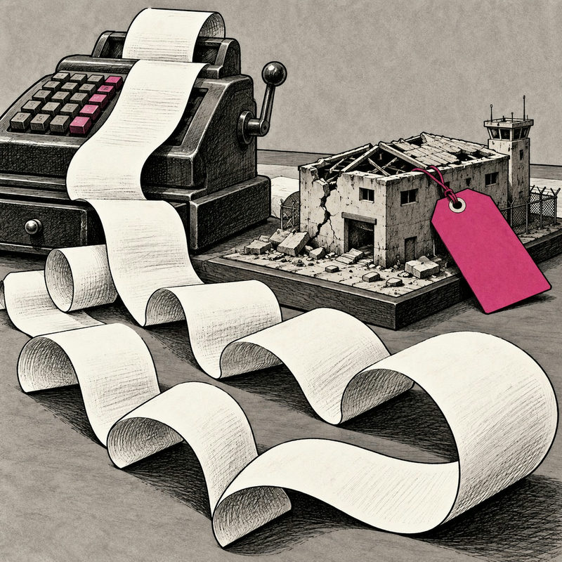 Democrawonk — A cash register prints a long curling receipt beside a damaged miniature military base with a blank pink price tag.