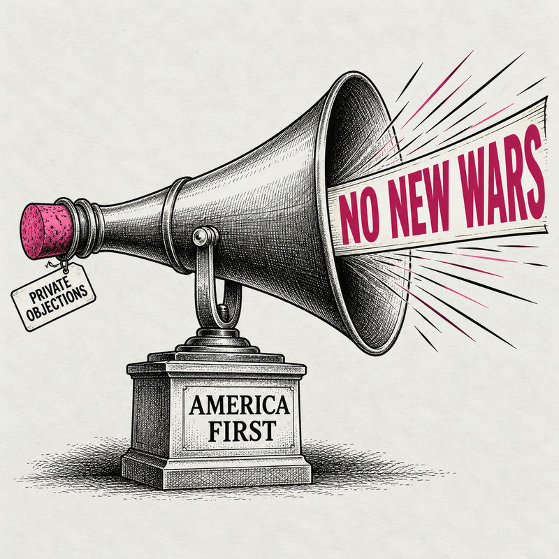 Democrawonk — An America First megaphone projects a No New Wars banner while a pink cork labeled Private Objections plugs its mouthpiece.