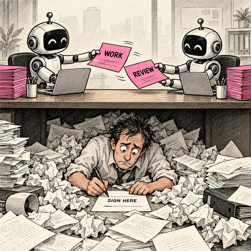 Democrawonk — Two smiling robots exchange Work and Review sheets above a desk while a paper-buried manager must sign a form below.