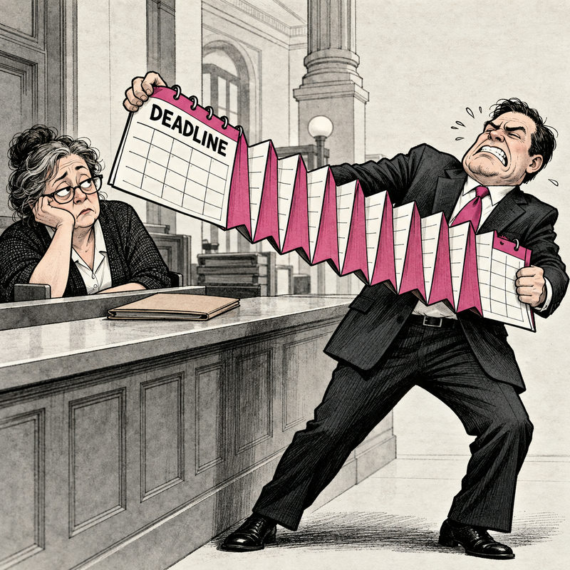 Democrawonk — A government lawyer stretches a pink accordion calendar marked DEADLINE while a courthouse clerk watches.
