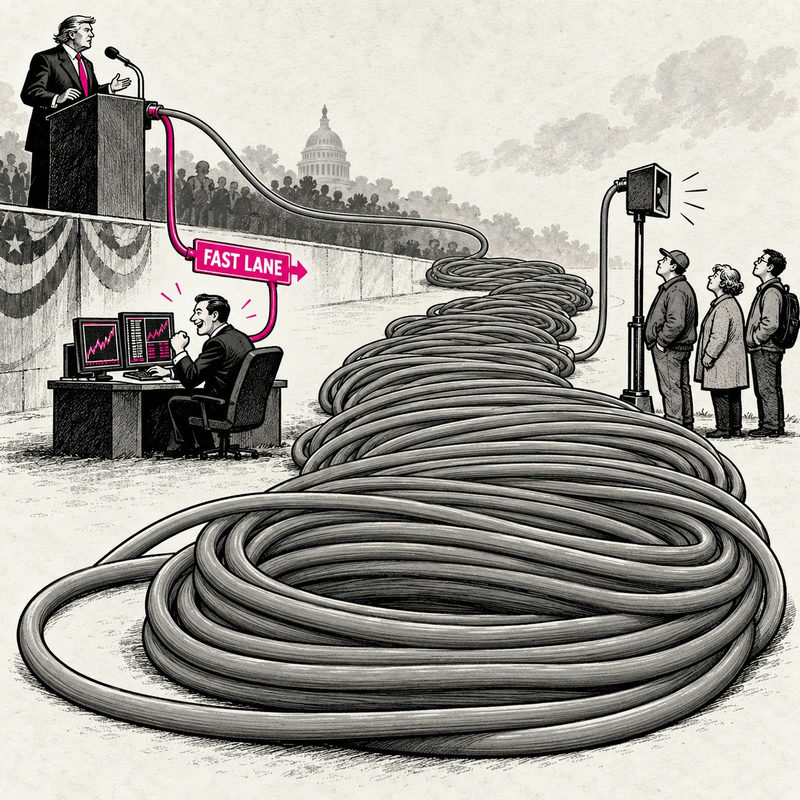 Democrawonk — A trader receives a public speech through a short pink fast-lane cable while ordinary listeners wait beside an enormous coil of gray cable.