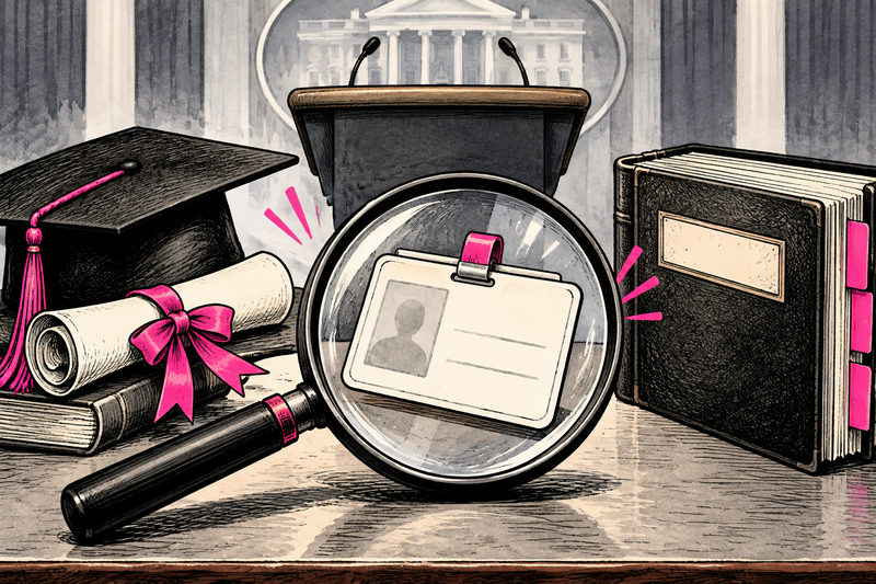 A magnifying glass examines a professional identity card between a diploma and a registry book at a symbolic briefing podium.