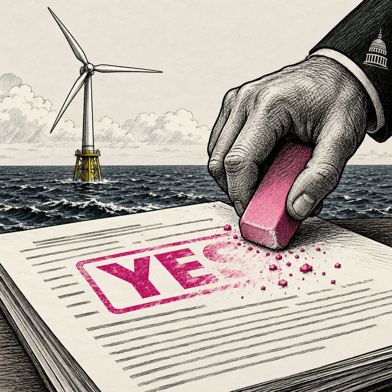 Democrawonk — A giant government hand erases a pink YES stamp on a permit while a completed offshore wind turbine stands behind it.