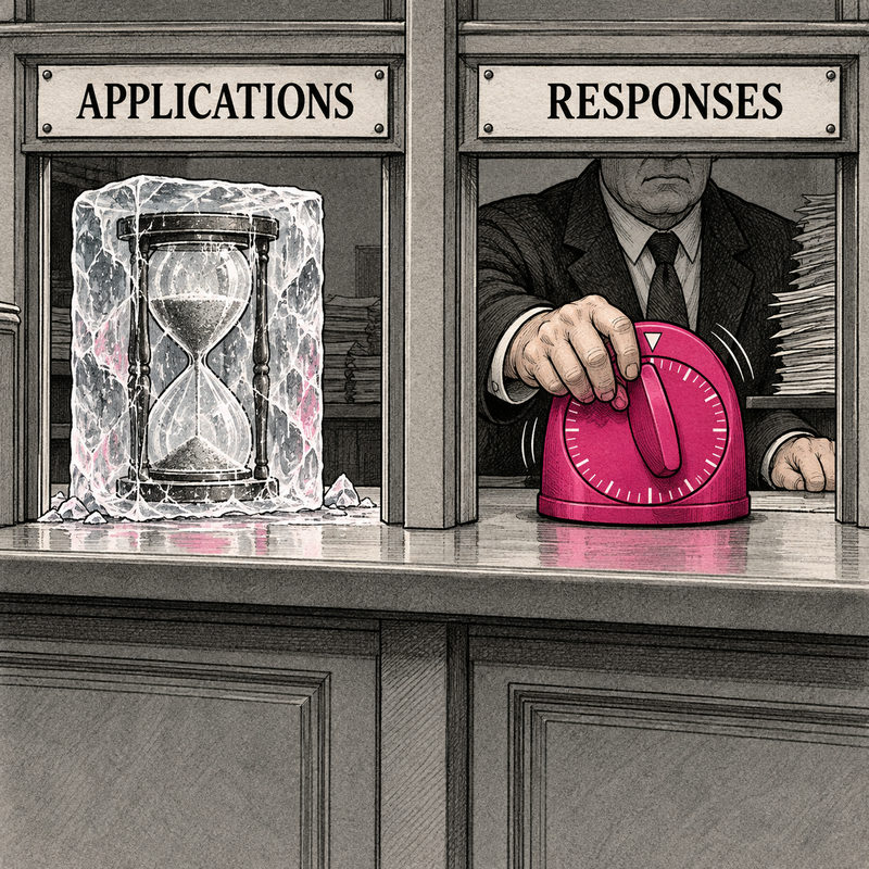 Democrawonk — An hourglass is frozen beneath APPLICATIONS while a bureaucrat turns a pink timer beneath RESPONSES.