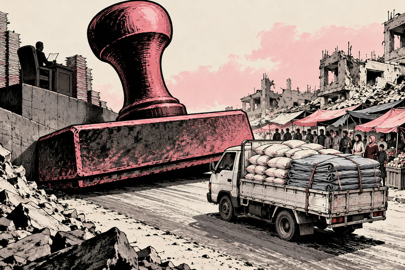 An oversized bureaucratic rubber stamp blocks a truck carrying food and shelter materials toward a damaged market.