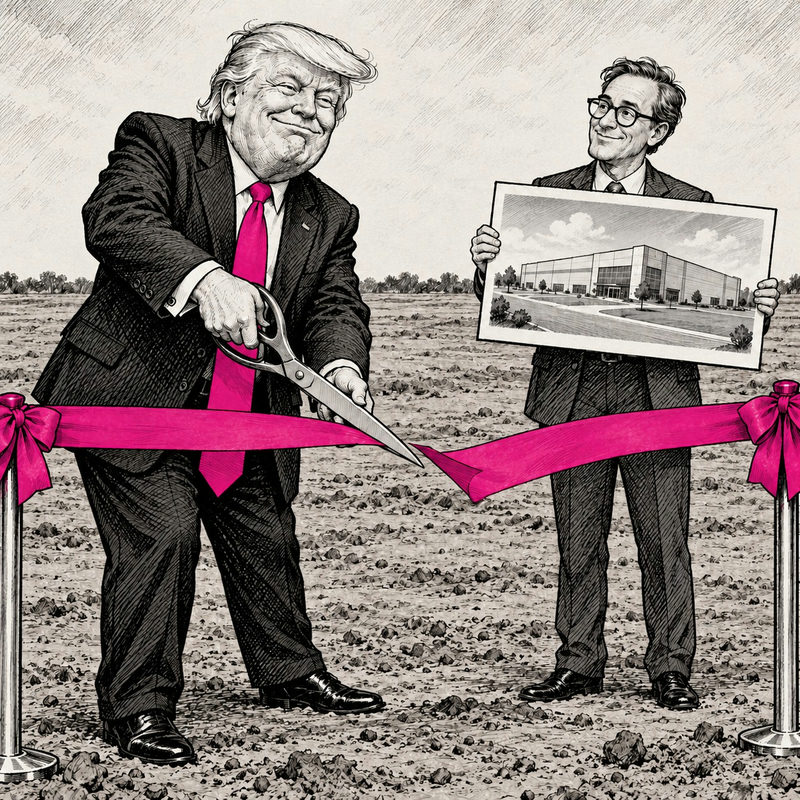 Democrawonk — Trump cuts a pink ribbon across an empty lot while a man holds a rendering of a finished factory.