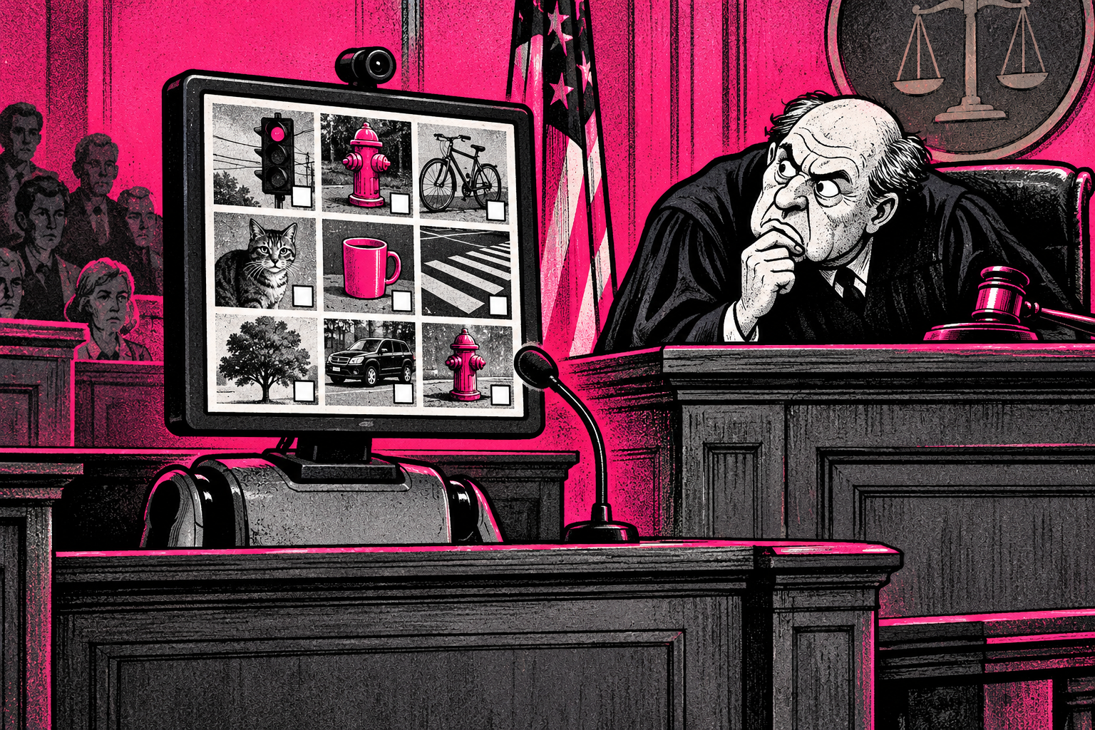 A courtroom monitor faces a visual CAPTCHA while a puzzled judge considers the digital exhibit.