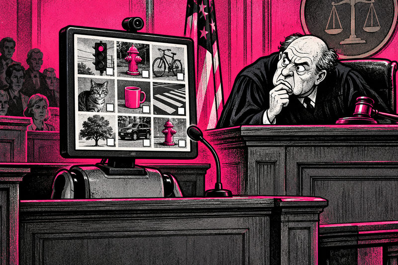 A courtroom monitor faces a visual CAPTCHA while a puzzled judge considers the digital exhibit.