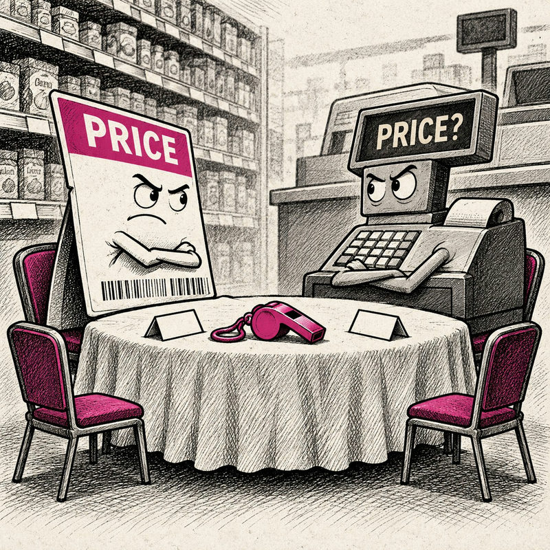 Democrawonk — An anthropomorphic shelf tag and cash register disagree across a negotiating table with a pink referee whistle.