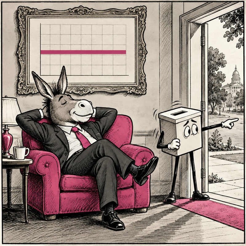 Democrawonk — A relaxed donkey admires a decorative chart while an anxious ballot box waits by the door.