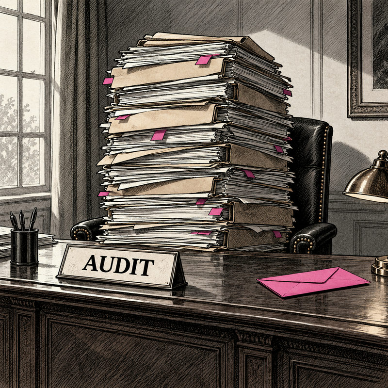 Democrawonk — A stack of contract files fills an empty office chair behind an AUDIT sign, with a pink envelope on the desk.