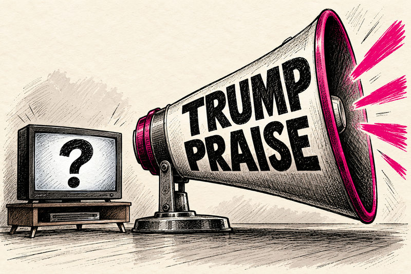 An oversized megaphone labeled TRUMP PRAISE dwarfs a plain television showing a question mark, an allegory for a prosecution announcement’s political framing.