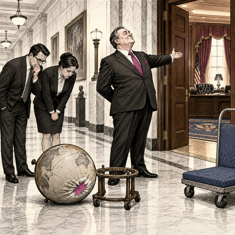 Democrawonk — A proud official gestures toward an office while aides inspect a dented globe stranded beside its empty stand in the hallway.