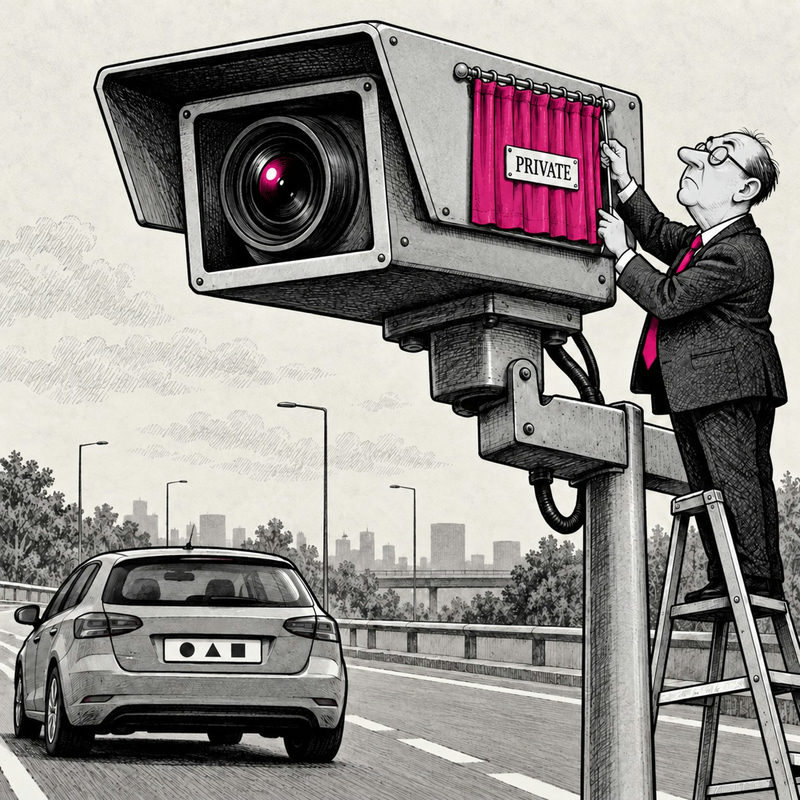 Democrawonk — A huge roadside surveillance camera points toward a car while an official on a ladder closes a pink curtain labeled PRIVATE over the camera’s own identification area.