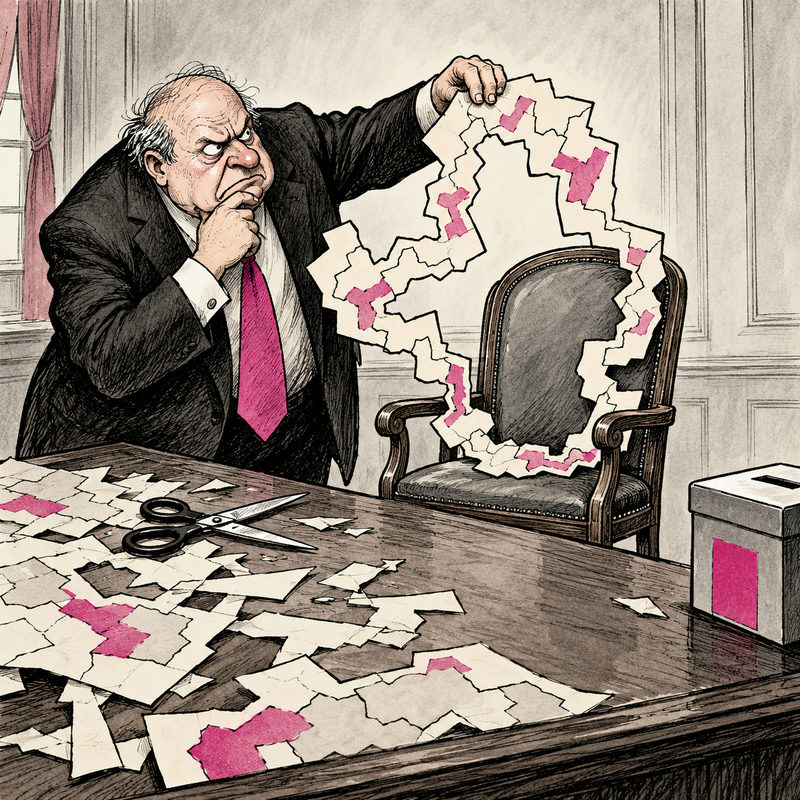 A frustrated mapmaker holds a winding paper district around an empty chair while a ballot box sits apart on his desk.