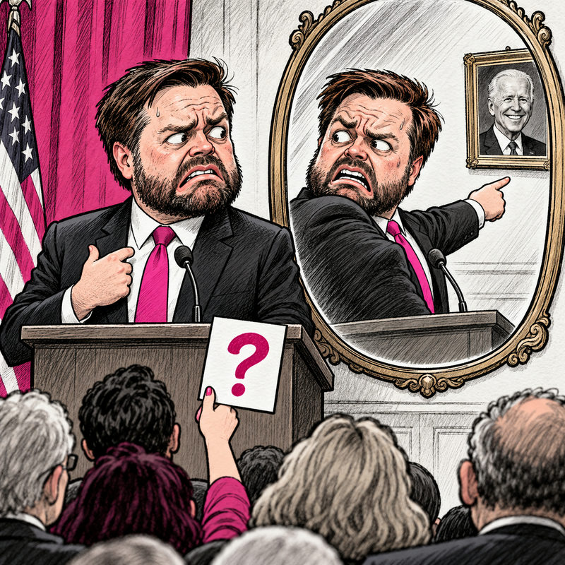 Editorial cartoon of JD Vance at a lectern pointing toward a Biden portrait while a large mirror reflects Vance himself.