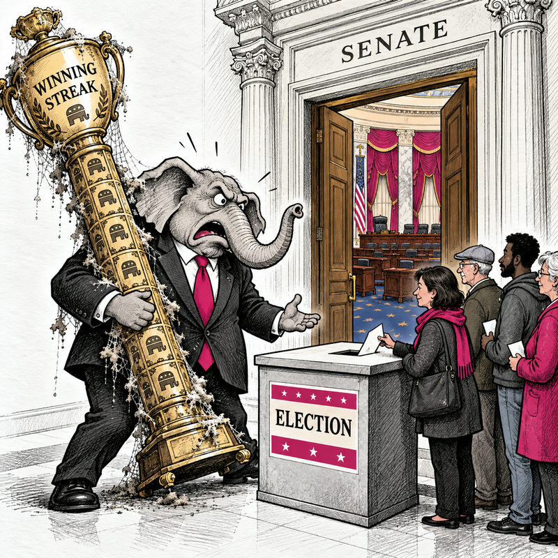 Editorial cartoon of a Republican elephant carrying a dusty winning-streak trophy and confronting an election ballot box.