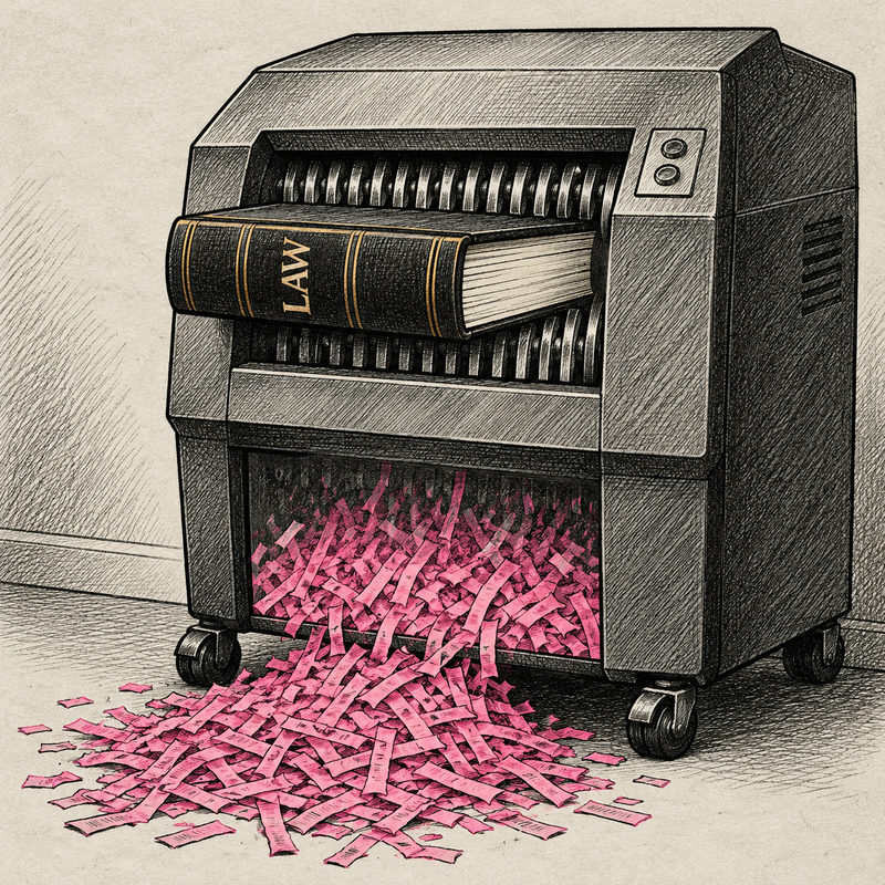 Democrawonk — An intact LAW book jams a wheeled office shredder above a bin spilling shredded pink papers.