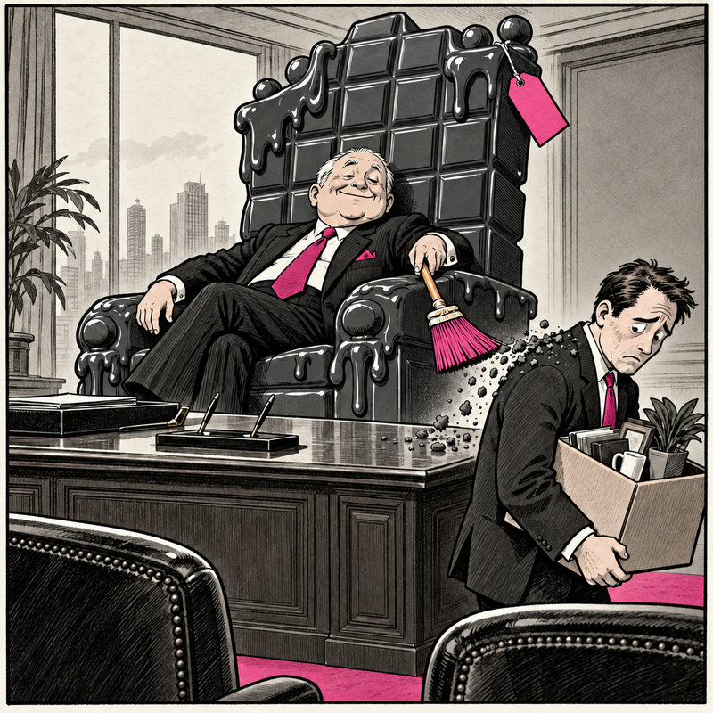 Democrawonk — A chairman remains on a chocolate throne while sweeping crumbs toward a departing executive.