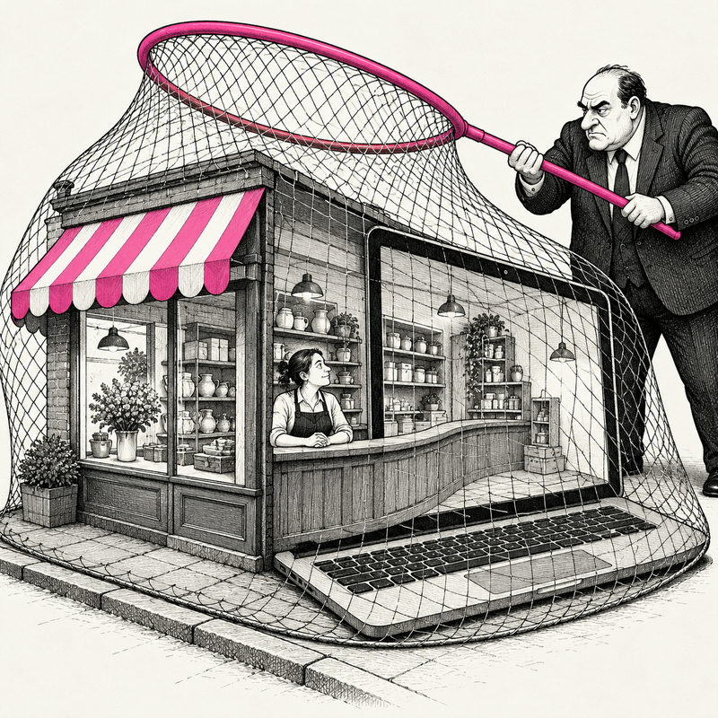 Democrawonk — A tax official nets a laptop and the physical shop joined to it while the shopkeeper watches.
