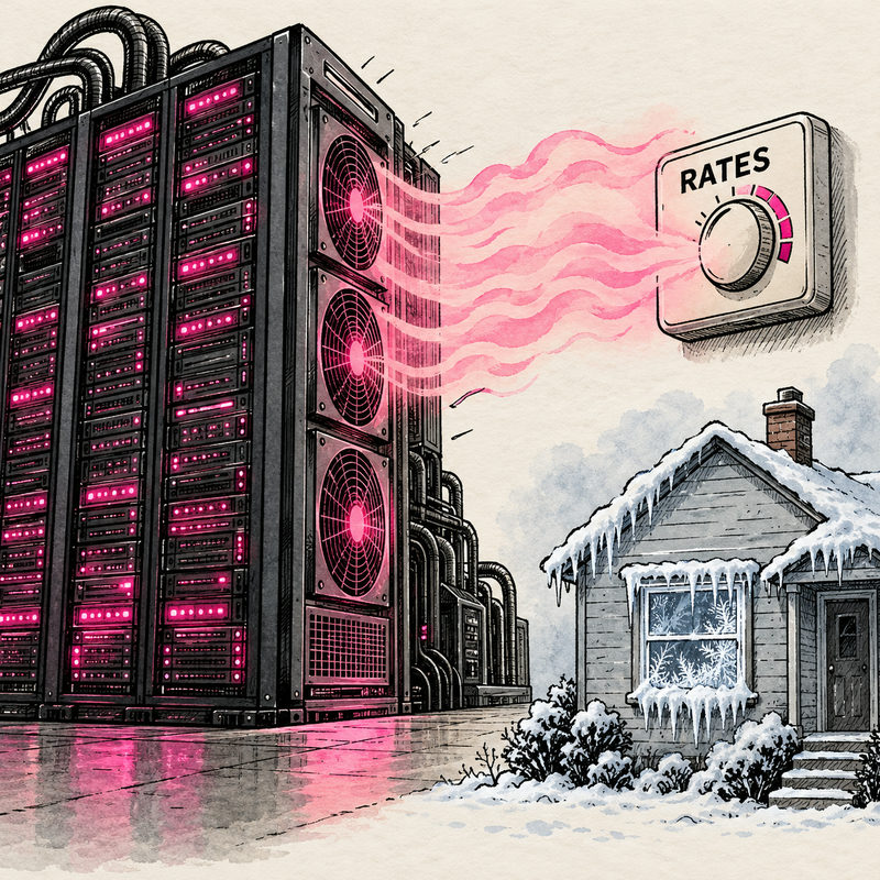 Pink heat pours from server racks toward a rates thermostat while a small house beside it is frozen.