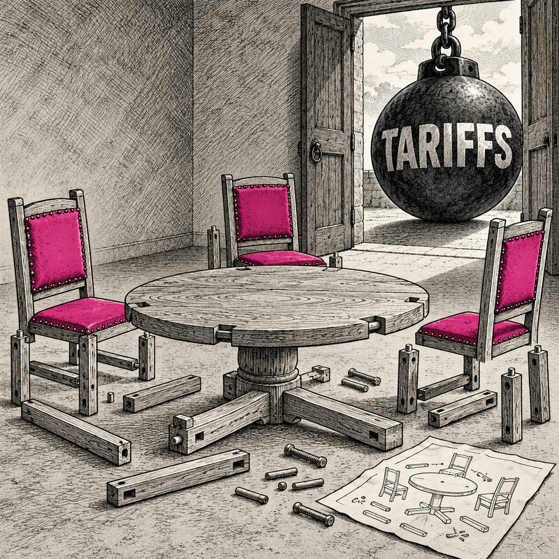 Democrawonk — Three partly assembled pink chairs surround a wooden table, with loose parts and assembly instructions on the floor and a huge weight labeled TARIFFS outside.