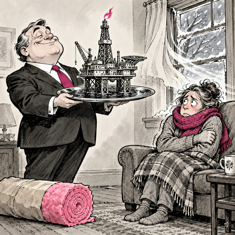 Editorial cartoon of a politician presenting a miniature oil rig to a shivering homeowner beside a drafty window.