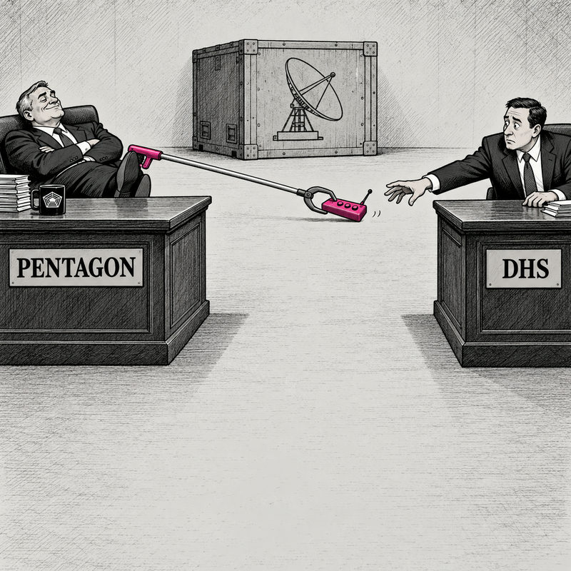 Democrawonk — A long grabber passes a pink remote from a relaxed Pentagon official toward DHS, with antenna equipment still boxed.