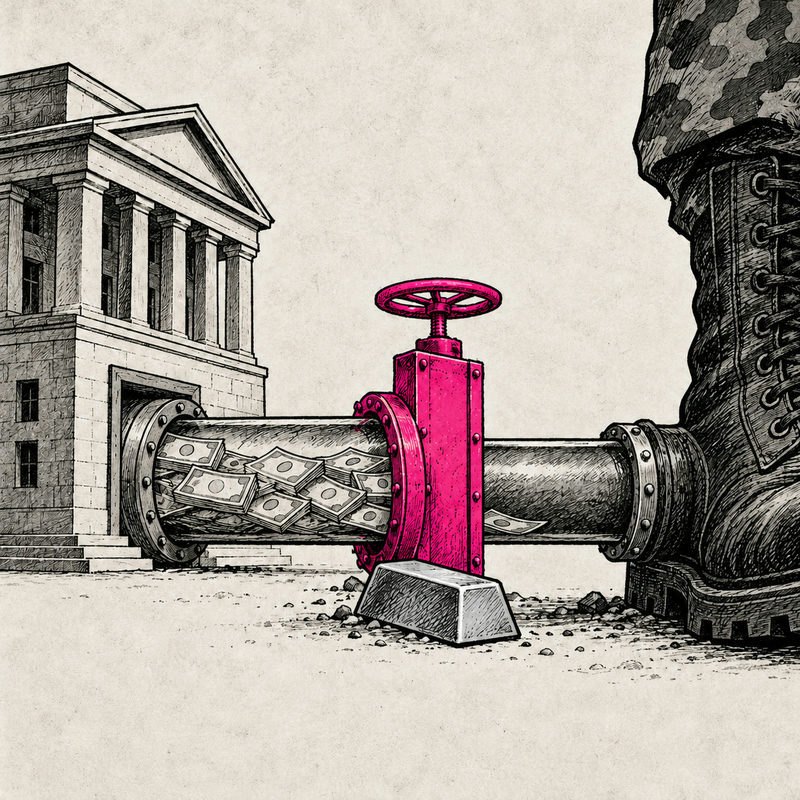Democrawonk — A pink valve interrupts a money-filled pipe between a bank and a military boot, with a bullion ingot below.