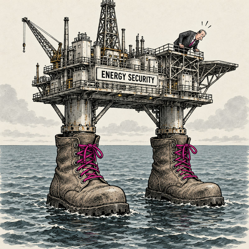 An offshore oil platform labeled Energy Security stands on two giant work boots with pink laces.